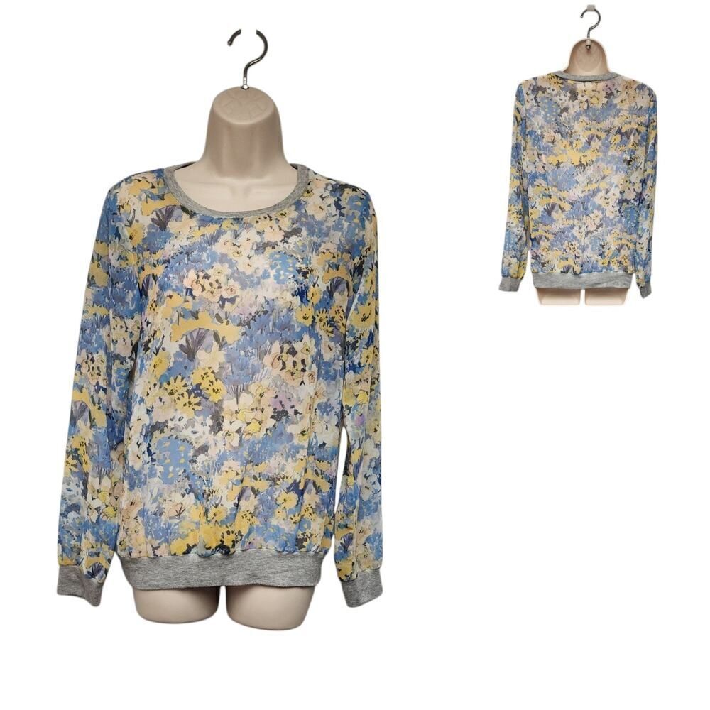 Anthropologie Women's Future Vintage Blue/Yellow Spotted Blouse Long Sleeve SM